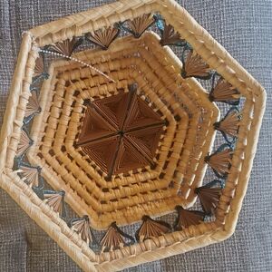 Handwoven Hexagonal Basket Light Tan With Teal Blue Enlay